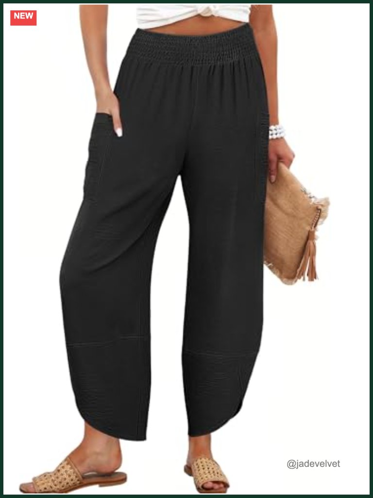 High Rise Palazzo Capri Pants Elastic Waist Wide Leg Flowy